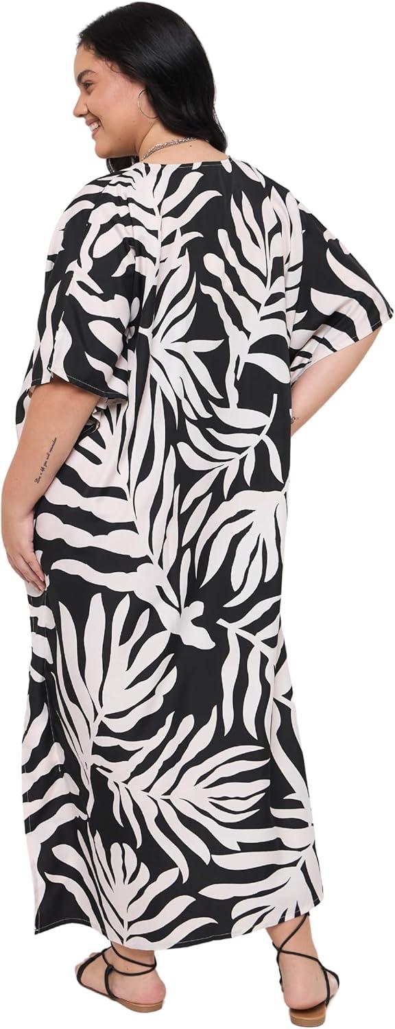 imageGypsie Blu Women Plus Size Kaftan Dress Evening Swimsuit Cover Up Beach Long Maxi Dresses VNeck Mumu for Summer CaftanBlack  White Leaf Print