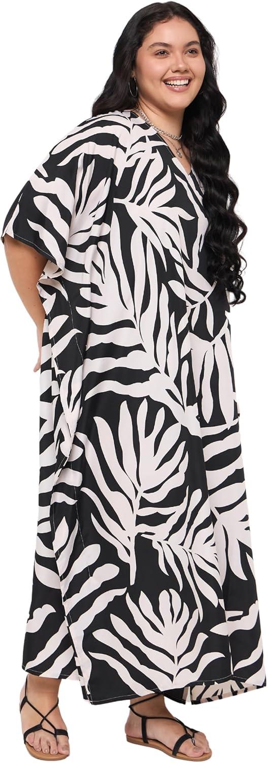 imageGypsie Blu Women Plus Size Kaftan Dress Evening Swimsuit Cover Up Beach Long Maxi Dresses VNeck Mumu for Summer CaftanBlack  White Leaf Print