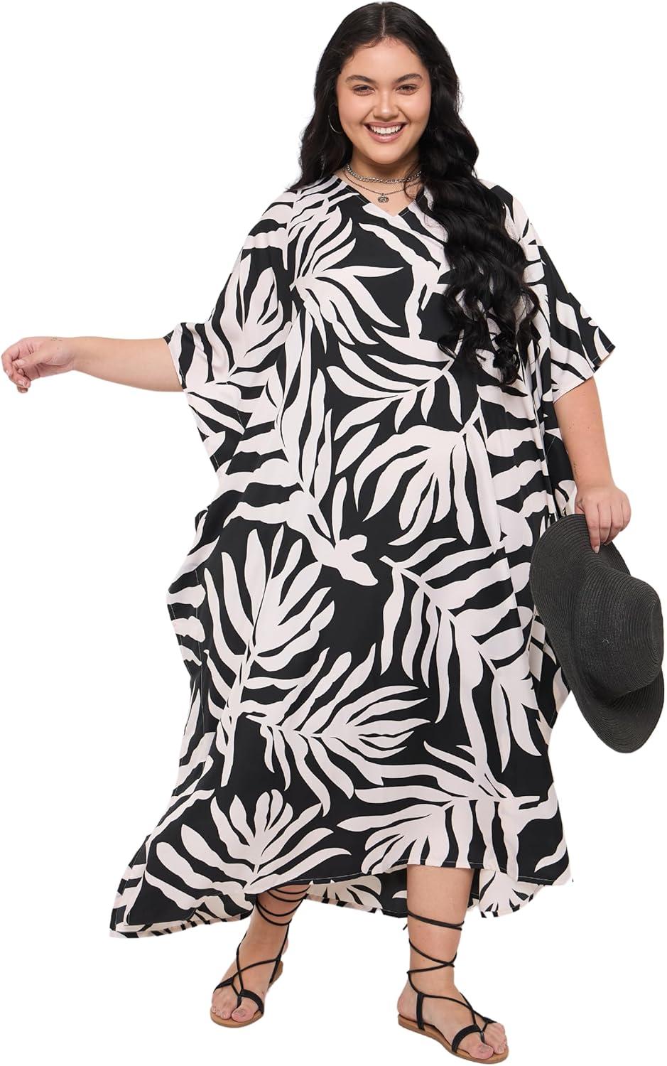 imageGypsie Blu Women Plus Size Kaftan Dress Evening Swimsuit Cover Up Beach Long Maxi Dresses VNeck Mumu for Summer CaftanBlack  White Leaf Print