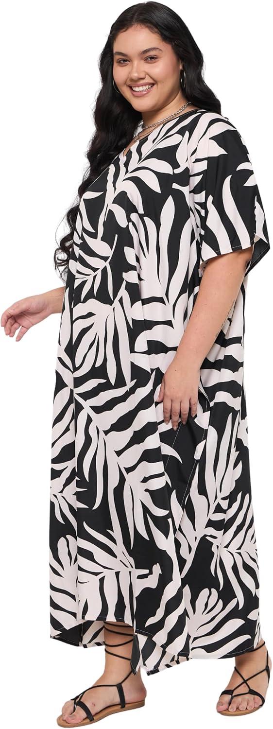 imageGypsie Blu Women Plus Size Kaftan Dress Evening Swimsuit Cover Up Beach Long Maxi Dresses VNeck Mumu for Summer CaftanBlack  White Leaf Print
