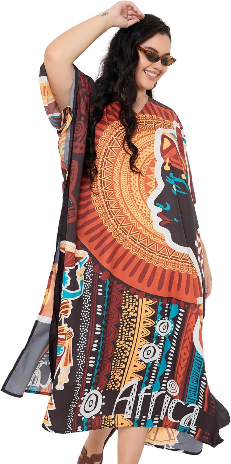 imageGypsie Blu Women Plus Size Kaftan Dress Evening Swimsuit Cover Up Beach Long Maxi Dresses VNeck Mumu for Summer CaftanBlack Tribal Lady