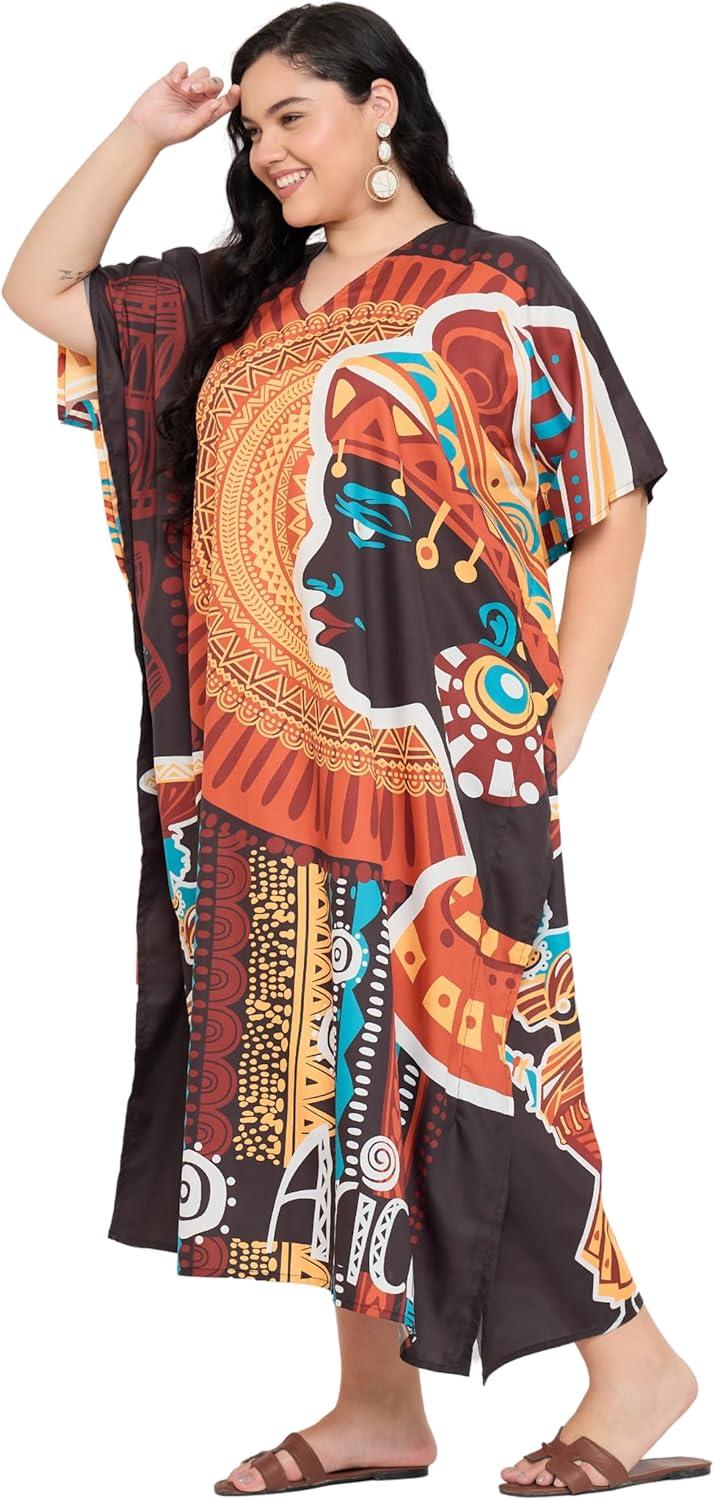 imageGypsie Blu Women Plus Size Kaftan Dress Evening Swimsuit Cover Up Beach Long Maxi Dresses VNeck Mumu for Summer CaftanBlack Tribal Lady