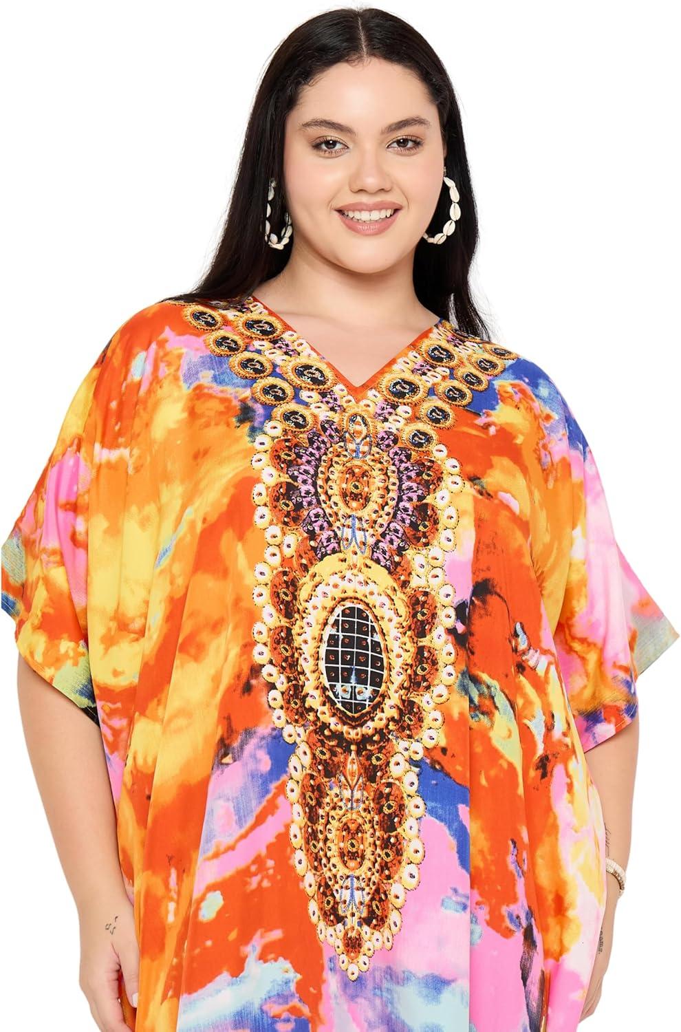 imageGypsie Blu Women Plus Size Kaftan Dress Evening Swimsuit Cover Up Beach Long Maxi Dresses VNeck Mumu for Summer CaftanBright Orange