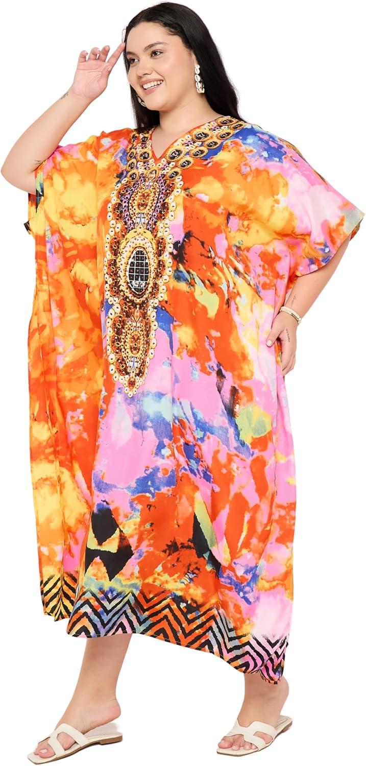 imageGypsie Blu Women Plus Size Kaftan Dress Evening Swimsuit Cover Up Beach Long Maxi Dresses VNeck Mumu for Summer CaftanBright Orange