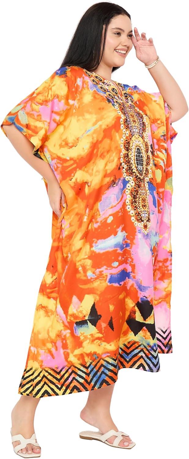 imageGypsie Blu Women Plus Size Kaftan Dress Evening Swimsuit Cover Up Beach Long Maxi Dresses VNeck Mumu for Summer CaftanBright Orange
