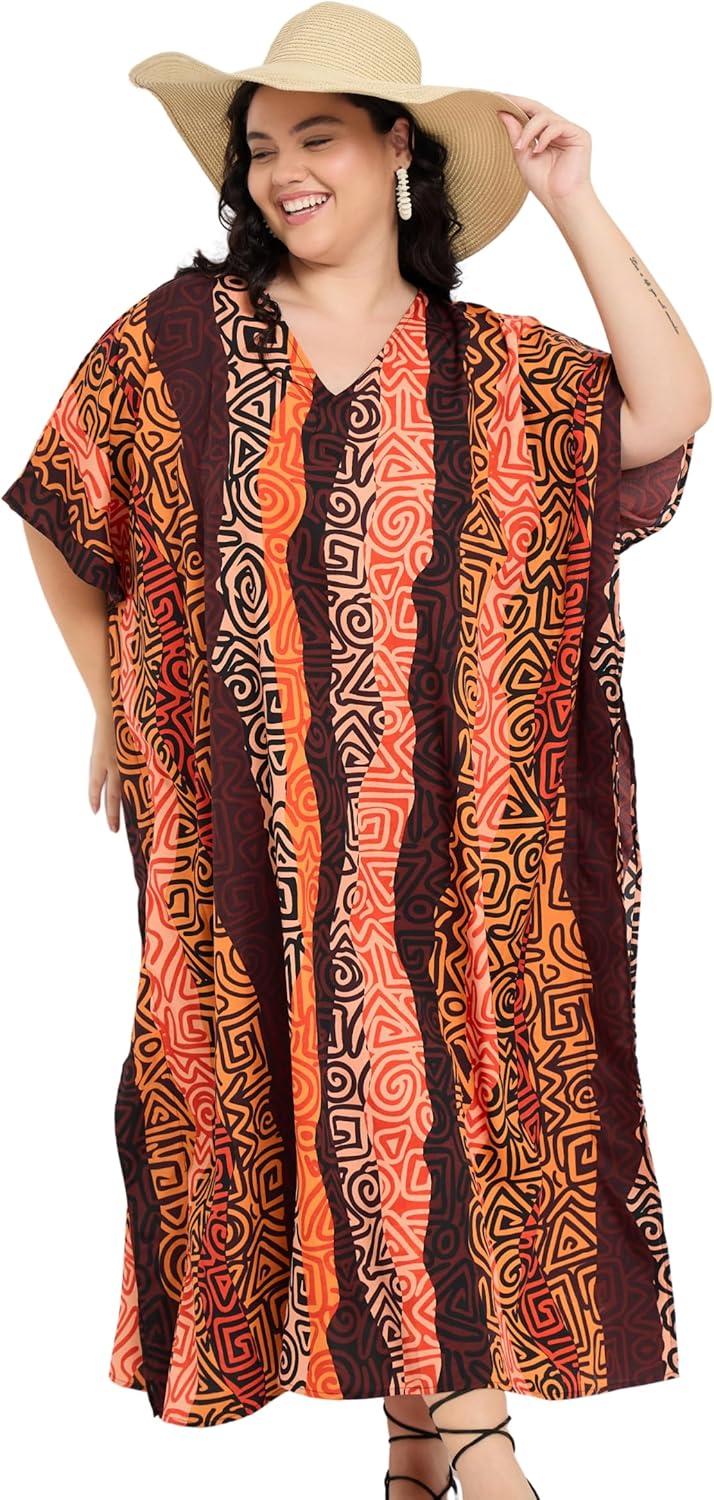 imageGypsie Blu Women Plus Size Kaftan Dress Evening Swimsuit Cover Up Beach Long Maxi Dresses VNeck Mumu for Summer CaftanDark Brown