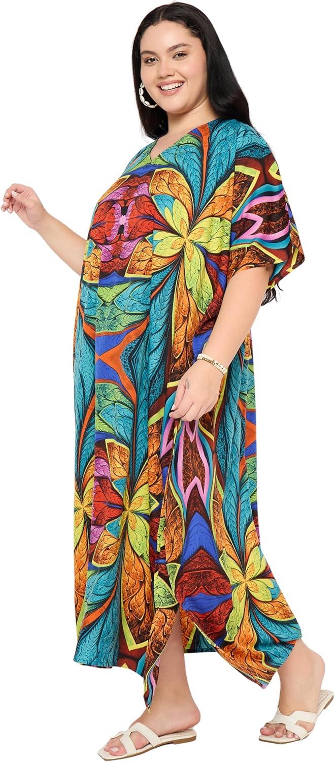 imageGypsie Blu Women Plus Size Kaftan Dress Evening Swimsuit Cover Up Beach Long Maxi Dresses VNeck Mumu for Summer CaftanMulti Floral