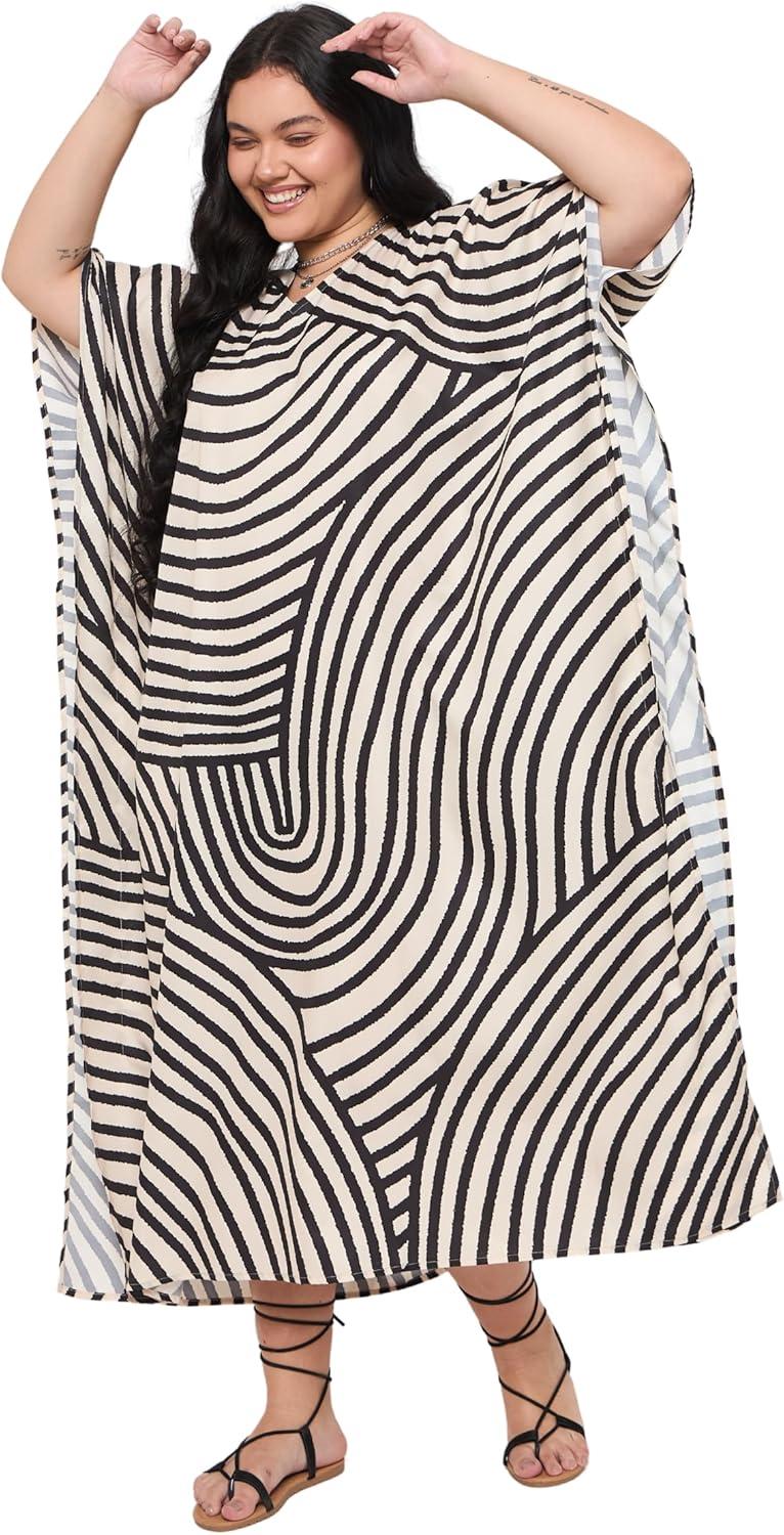 imageGypsie Blu Women Plus Size Kaftan Dress Evening Swimsuit Cover Up Beach Long Maxi Dresses VNeck Mumu for Summer CaftanOffwhite  Black