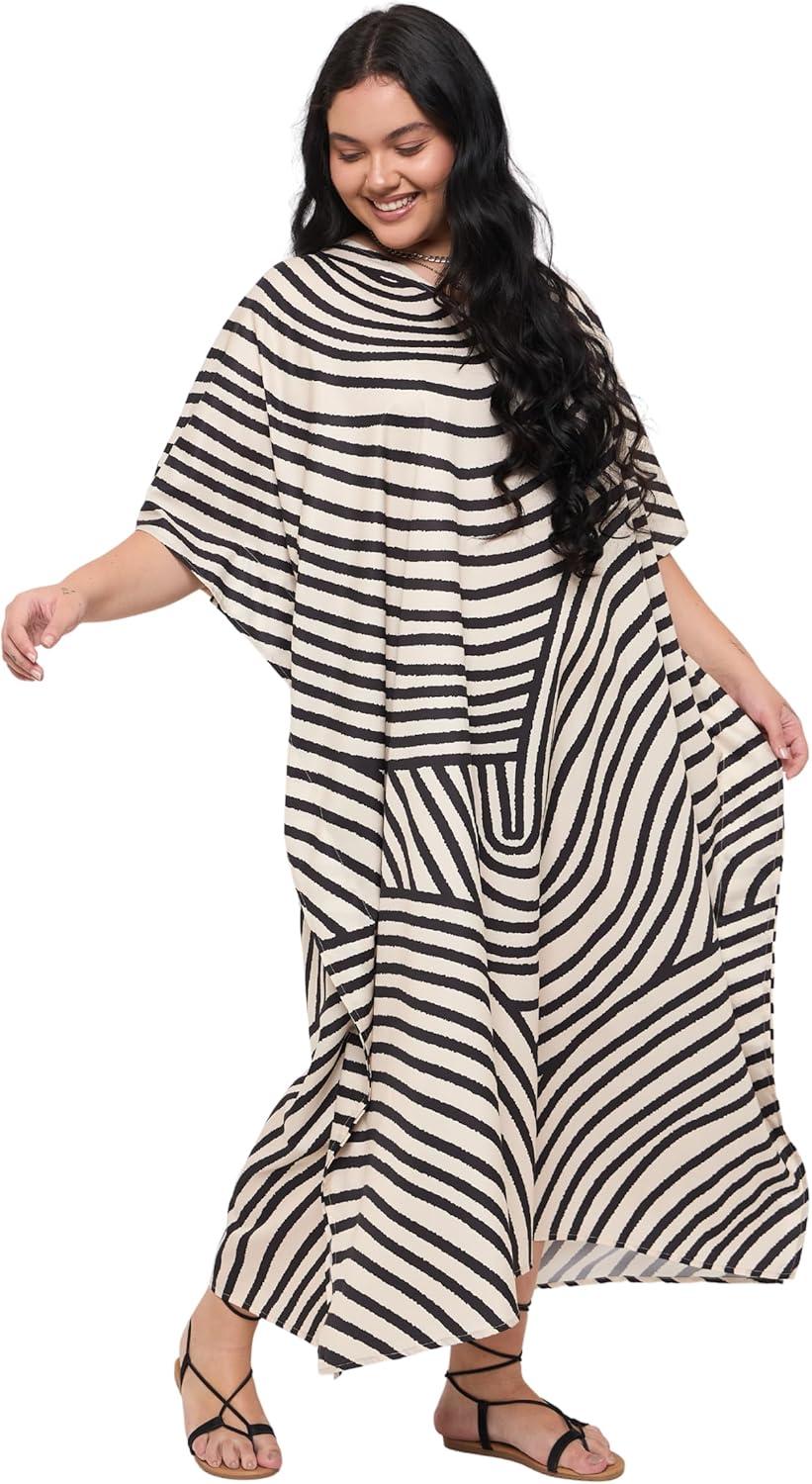 imageGypsie Blu Women Plus Size Kaftan Dress Evening Swimsuit Cover Up Beach Long Maxi Dresses VNeck Mumu for Summer CaftanOffwhite  Black