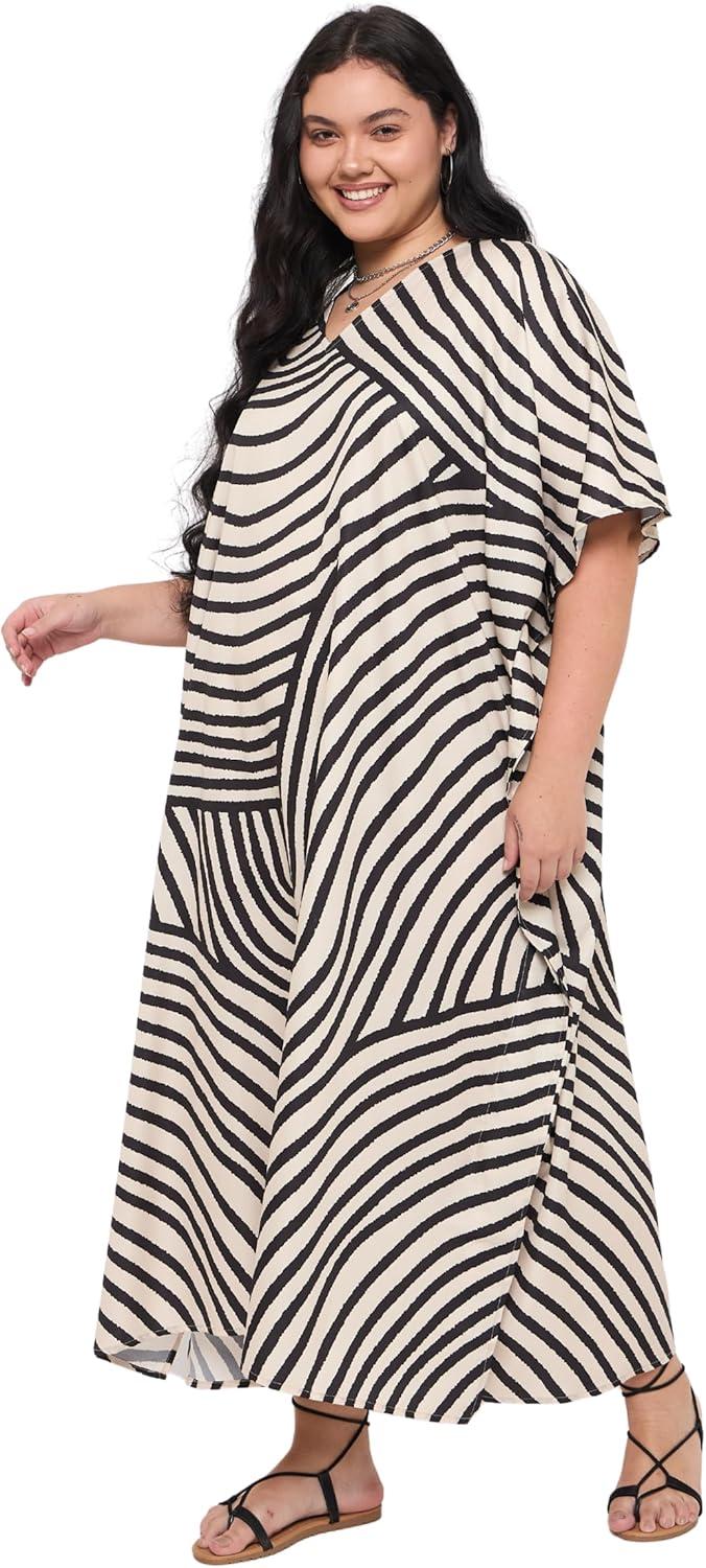 imageGypsie Blu Women Plus Size Kaftan Dress Evening Swimsuit Cover Up Beach Long Maxi Dresses VNeck Mumu for Summer CaftanOffwhite  Black