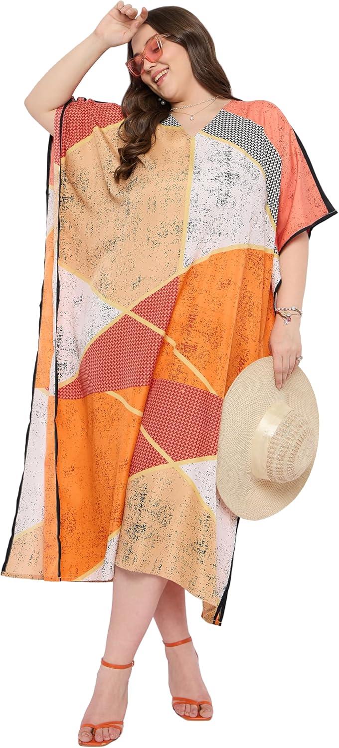 imageGypsie Blu Women Plus Size Kaftan Dress Evening Swimsuit Cover Up Beach Long Maxi Dresses VNeck Mumu for Summer CaftanOrange  Beige