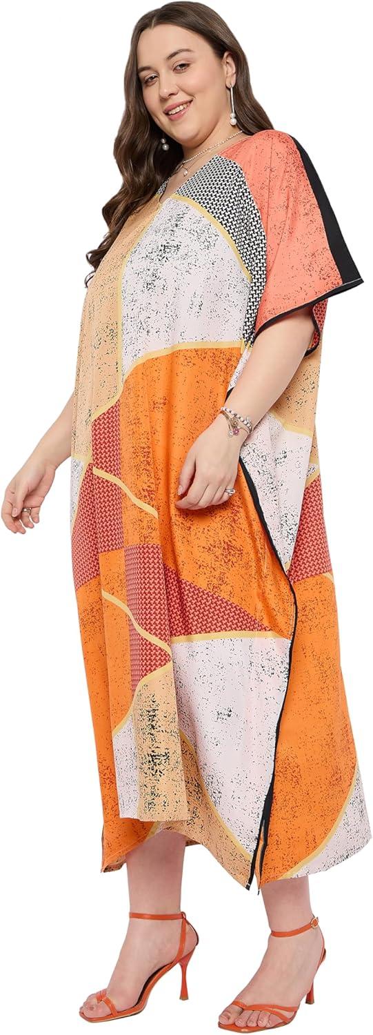 imageGypsie Blu Women Plus Size Kaftan Dress Evening Swimsuit Cover Up Beach Long Maxi Dresses VNeck Mumu for Summer CaftanOrange  Beige