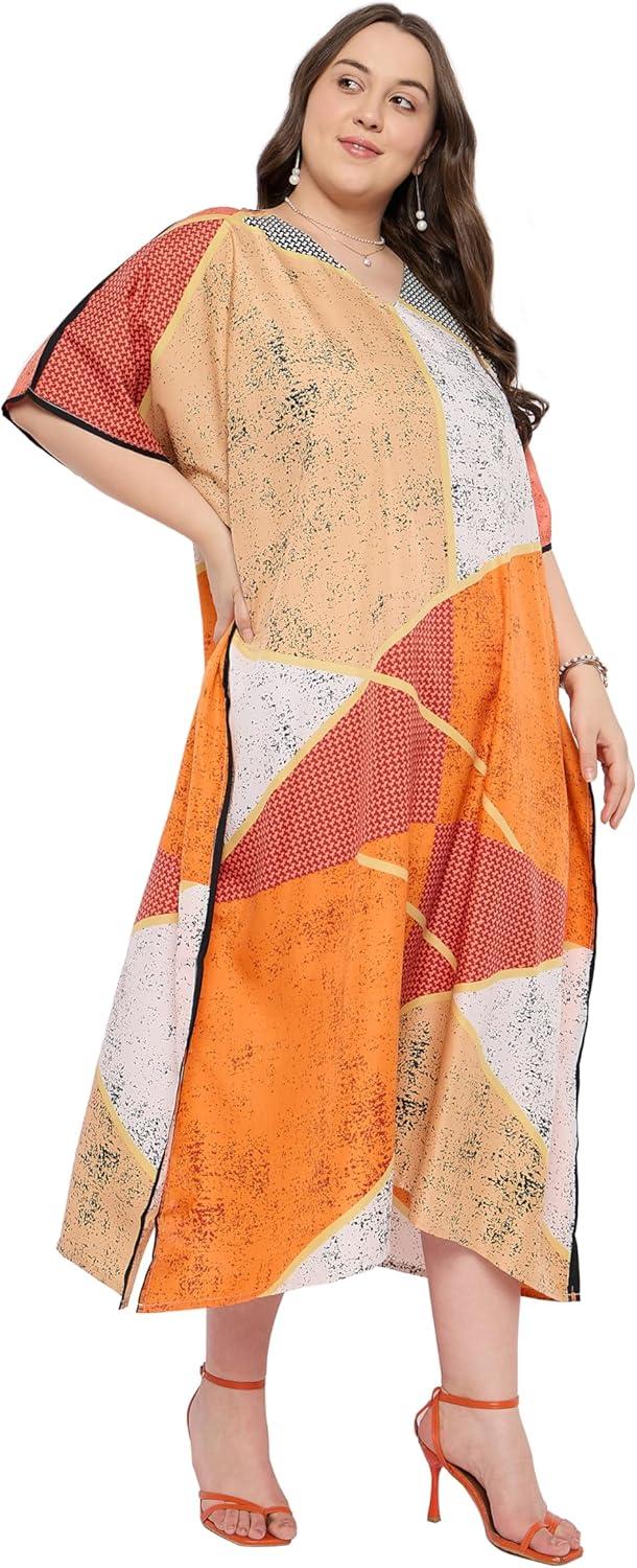 imageGypsie Blu Women Plus Size Kaftan Dress Evening Swimsuit Cover Up Beach Long Maxi Dresses VNeck Mumu for Summer CaftanOrange  Beige