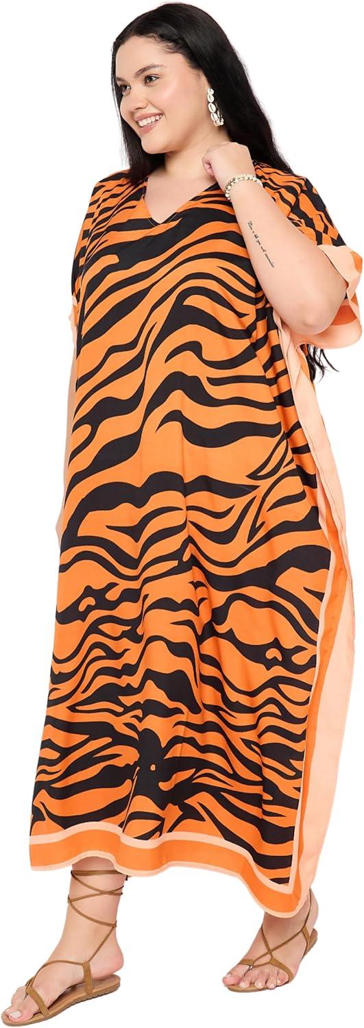 imageGypsie Blu Women Plus Size Kaftan Dress Evening Swimsuit Cover Up Beach Long Maxi Dresses VNeck Mumu for Summer CaftanOrange Abstract