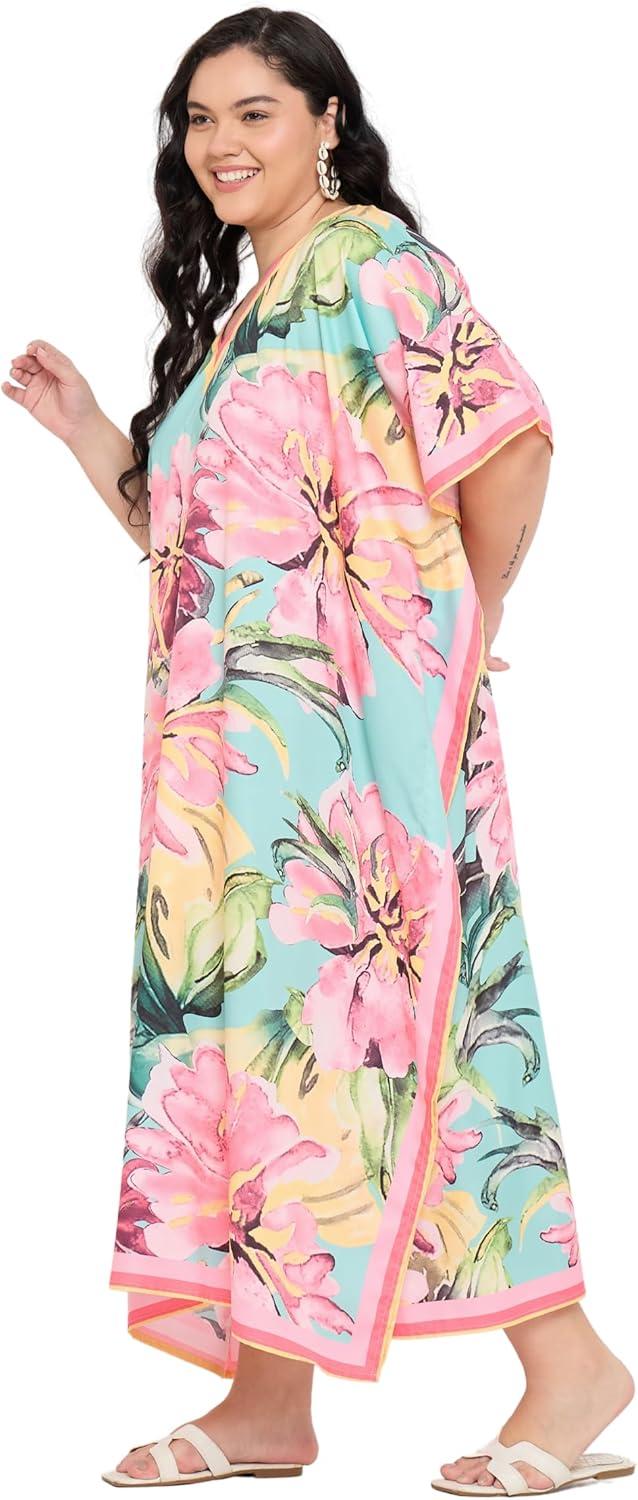 imageGypsie Blu Women Plus Size Kaftan Dress Evening Swimsuit Cover Up Beach Long Maxi Dresses VNeck Mumu for Summer CaftanPink