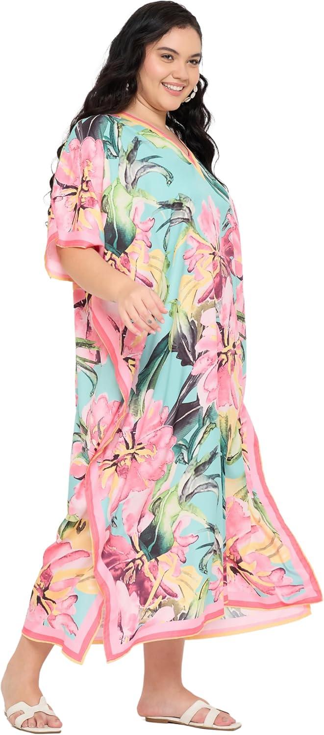 imageGypsie Blu Women Plus Size Kaftan Dress Evening Swimsuit Cover Up Beach Long Maxi Dresses VNeck Mumu for Summer CaftanPink
