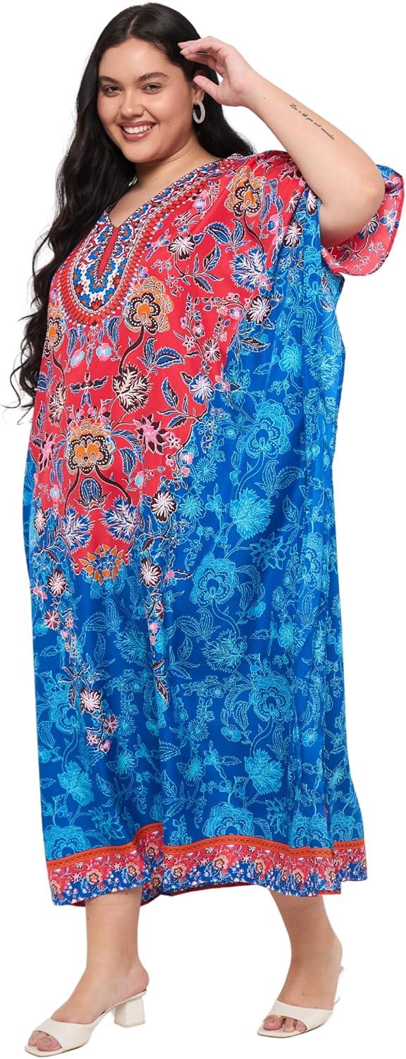 imageGypsie Blu Women Plus Size Kaftan Dress Evening Swimsuit Cover Up Beach Long Maxi Dresses VNeck Mumu for Summer CaftanRed  Blue