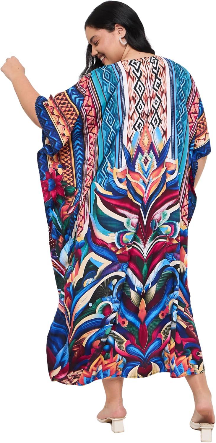 imageGypsie Blu Women Plus Size Kaftan Dress Evening Swimsuit Cover Up Beach Long Maxi Dresses VNeck Mumu for Summer CaftanRoyal Blue Floral Print