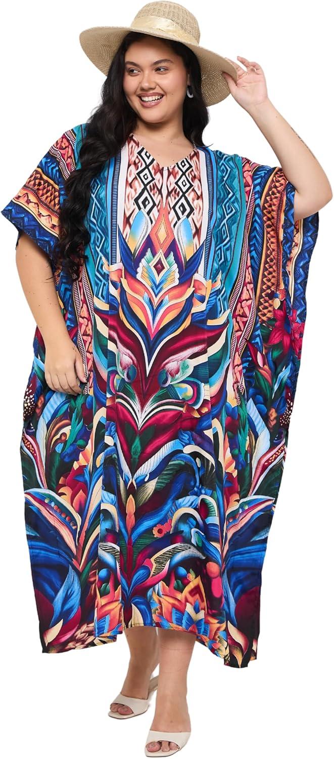 imageGypsie Blu Women Plus Size Kaftan Dress Evening Swimsuit Cover Up Beach Long Maxi Dresses VNeck Mumu for Summer CaftanRoyal Blue Floral Print