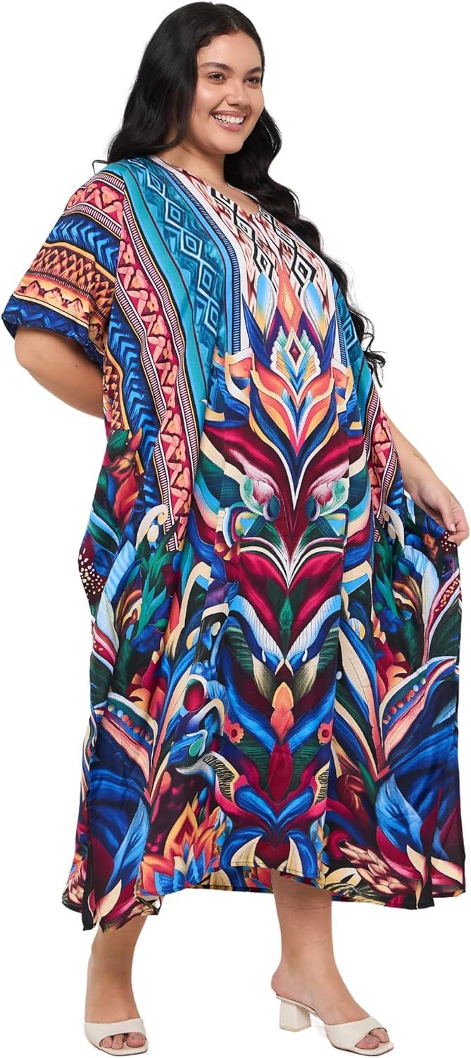 imageGypsie Blu Women Plus Size Kaftan Dress Evening Swimsuit Cover Up Beach Long Maxi Dresses VNeck Mumu for Summer CaftanRoyal Blue Floral Print