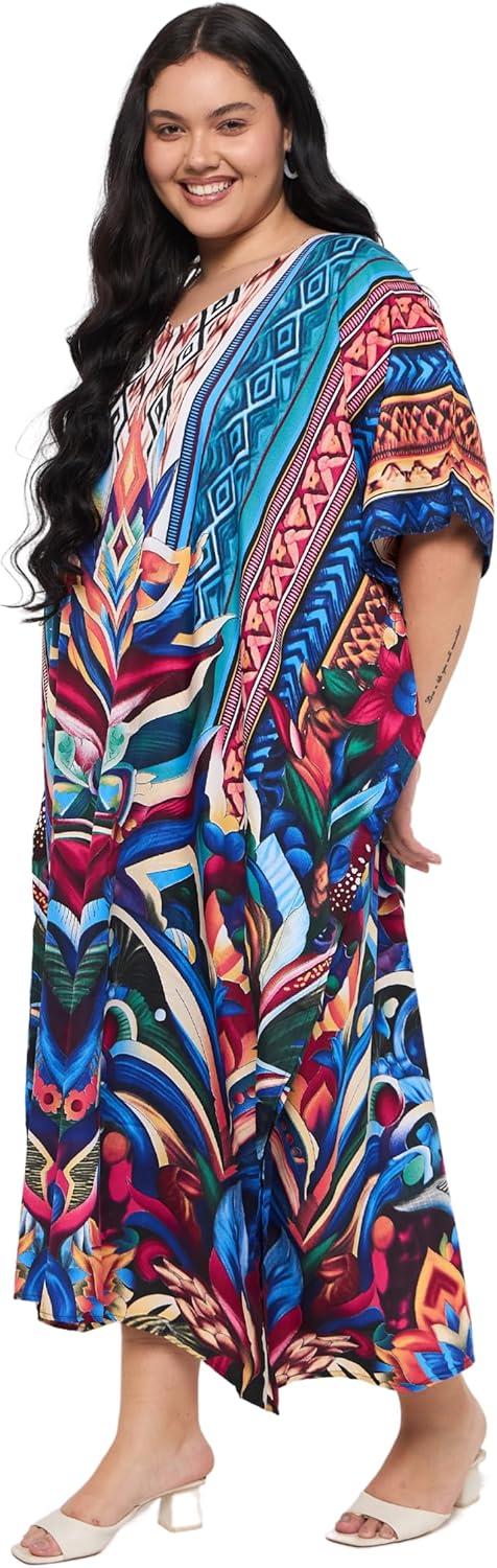 imageGypsie Blu Women Plus Size Kaftan Dress Evening Swimsuit Cover Up Beach Long Maxi Dresses VNeck Mumu for Summer CaftanRoyal Blue Floral Print