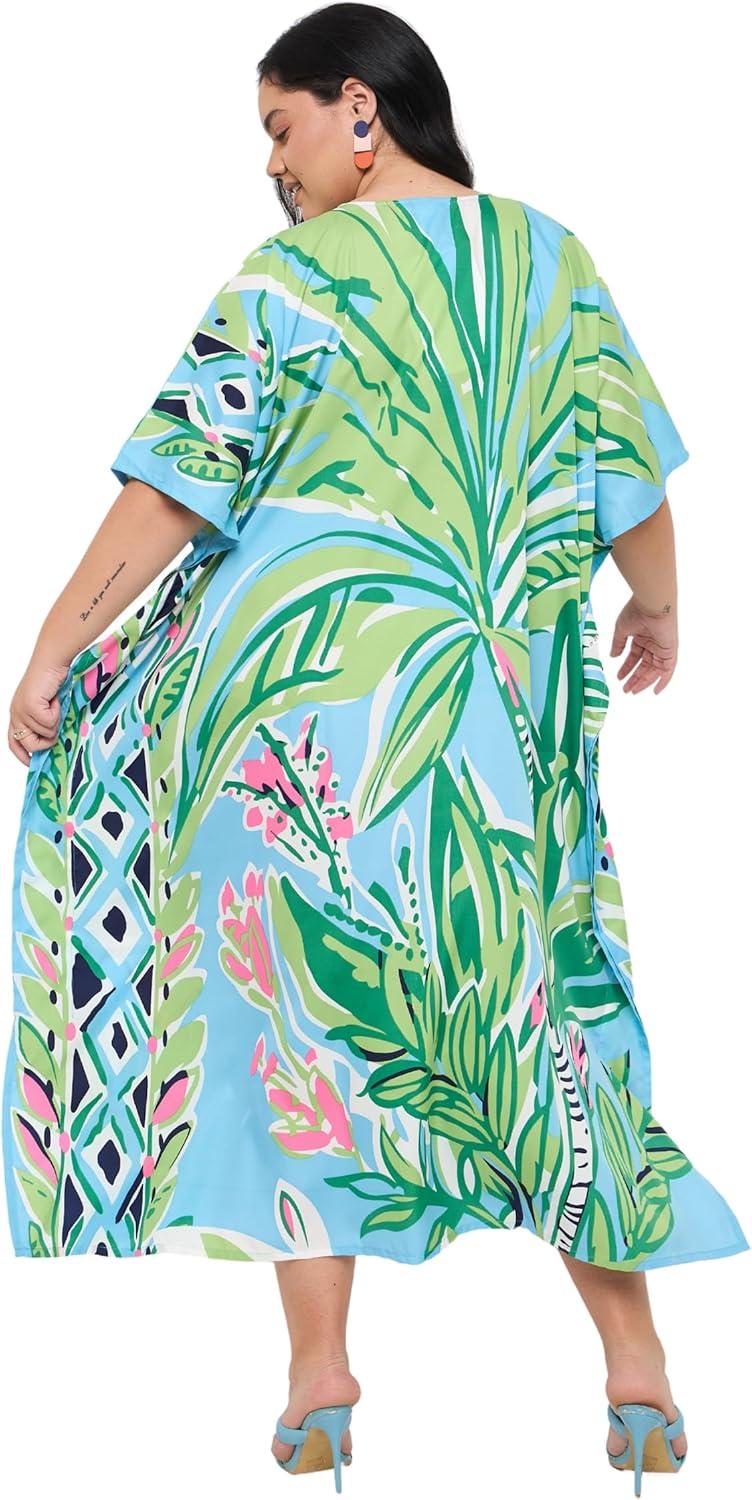 imageGypsie Blu Women Plus Size Kaftan Dress Evening Swimsuit Cover Up Beach Long Maxi Dresses VNeck Mumu for Summer CaftanSky Blue and Green