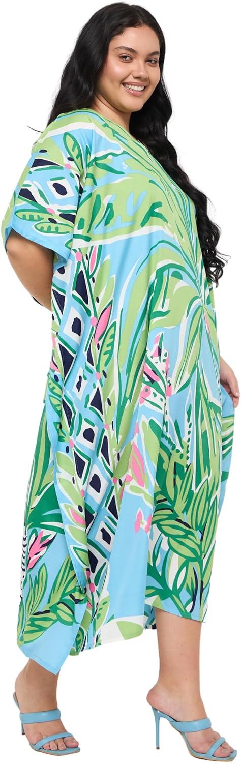imageGypsie Blu Women Plus Size Kaftan Dress Evening Swimsuit Cover Up Beach Long Maxi Dresses VNeck Mumu for Summer CaftanSky Blue and Green