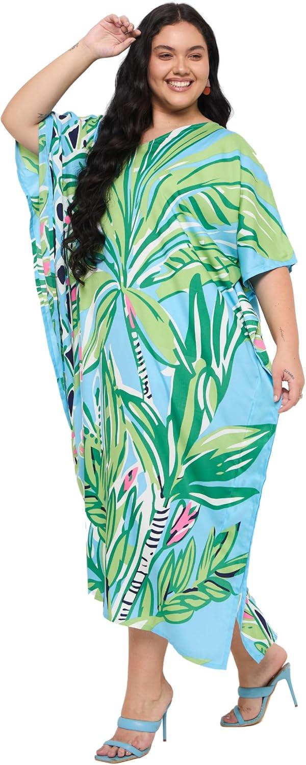 imageGypsie Blu Women Plus Size Kaftan Dress Evening Swimsuit Cover Up Beach Long Maxi Dresses VNeck Mumu for Summer CaftanSky Blue and Green