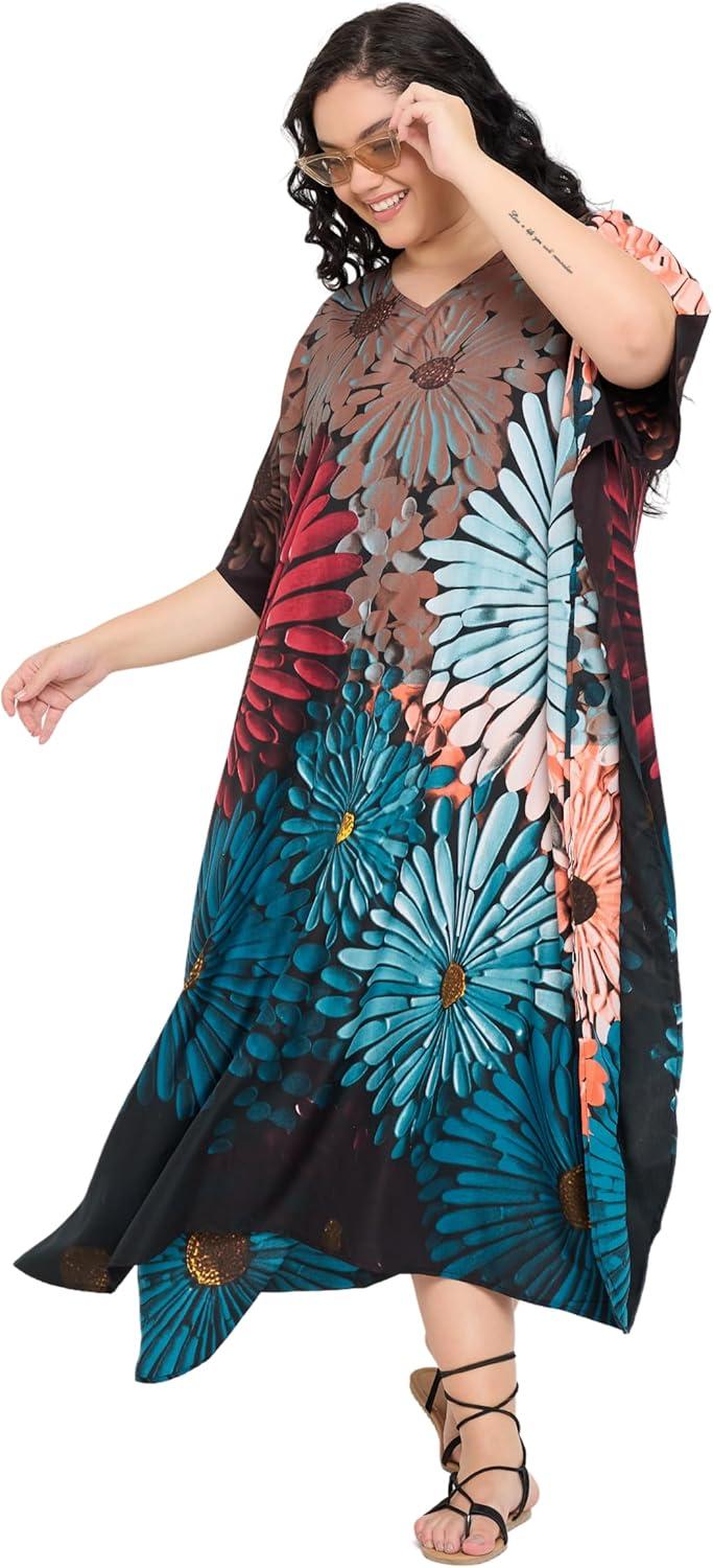 imageGypsie Blu Women Plus Size Kaftan Dress Evening Swimsuit Cover Up Beach Long Maxi Dresses VNeck Mumu for Summer CaftanTeal Blue  Rust Brown