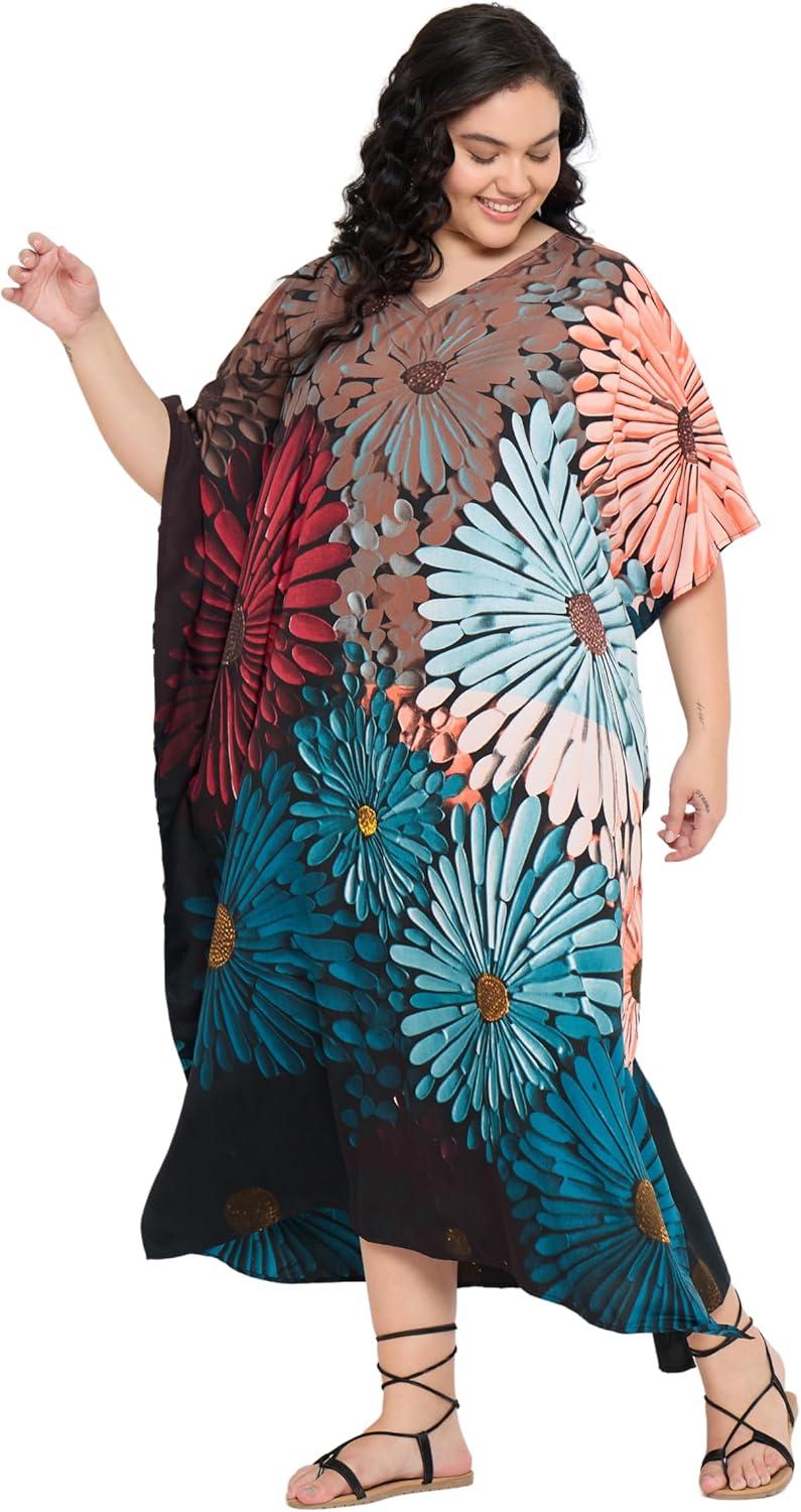 imageGypsie Blu Women Plus Size Kaftan Dress Evening Swimsuit Cover Up Beach Long Maxi Dresses VNeck Mumu for Summer CaftanTeal Blue  Rust Brown