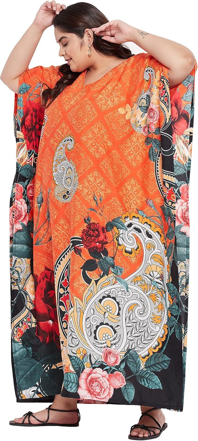 imageGypsie Blu Women Plus Size Kaftan Dress Evening Swimsuit Cover Up Beach Long Maxi Dresses VNeck Mumu for Summer CaftanVibrant Orange