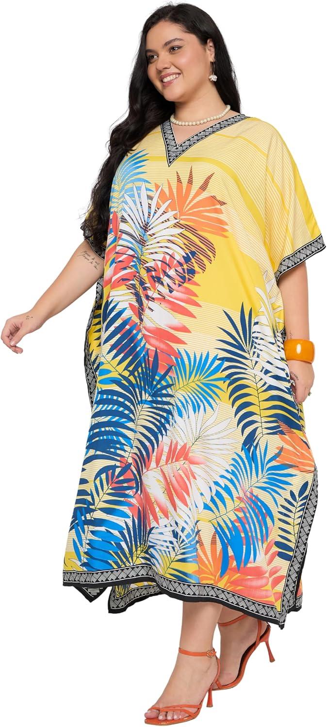 imageGypsie Blu Women Plus Size Kaftan Dress Evening Swimsuit Cover Up Beach Long Maxi Dresses VNeck Mumu for Summer CaftanYellow