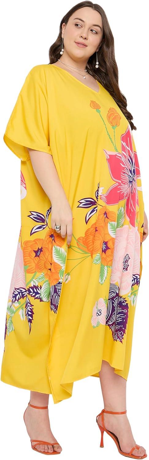 imageGypsie Blu Women Plus Size Kaftan Dress Evening Swimsuit Cover Up Beach Long Maxi Dresses VNeck Mumu for Summer CaftanYellow Flower Print