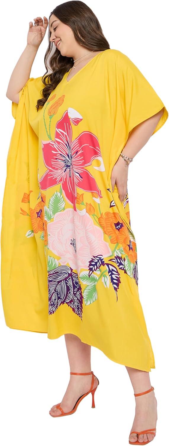 imageGypsie Blu Women Plus Size Kaftan Dress Evening Swimsuit Cover Up Beach Long Maxi Dresses VNeck Mumu for Summer CaftanYellow Flower Print