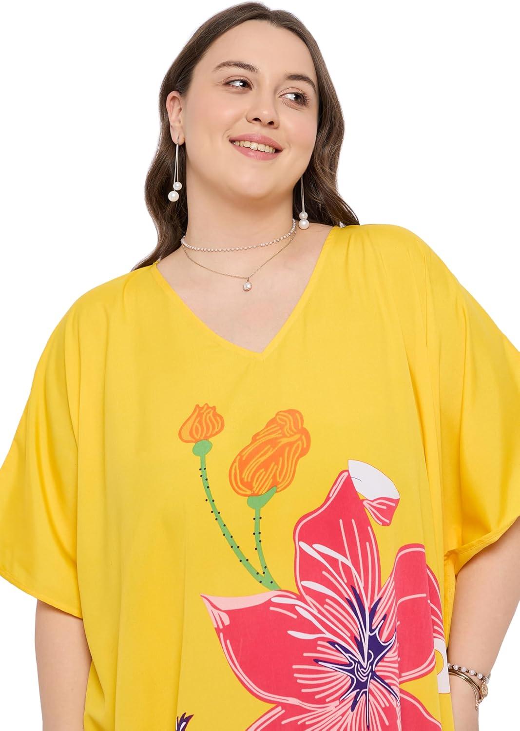 imageGypsie Blu Women Plus Size Kaftan Dress Evening Swimsuit Cover Up Beach Long Maxi Dresses VNeck Mumu for Summer CaftanYellow Flower Print