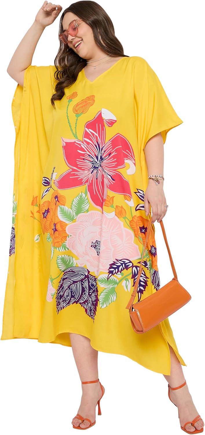 imageGypsie Blu Women Plus Size Kaftan Dress Evening Swimsuit Cover Up Beach Long Maxi Dresses VNeck Mumu for Summer CaftanYellow Flower Print
