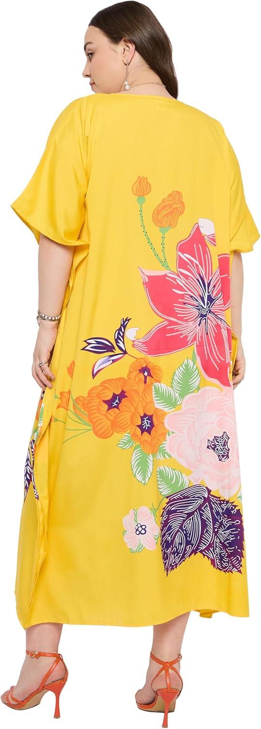 imageGypsie Blu Women Plus Size Kaftan Dress Evening Swimsuit Cover Up Beach Long Maxi Dresses VNeck Mumu for Summer CaftanYellow Flower Print