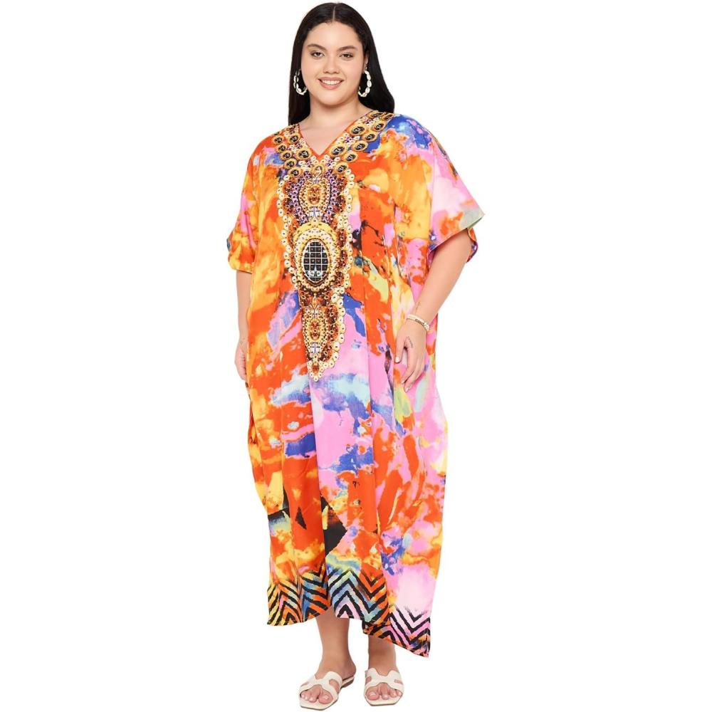 imageGypsie Blu Women Plus Size Kaftan Dress Evening Swimsuit Cover Up Beach Long Maxi Dresses VNeck Mumu for Summer CaftanBright Orange