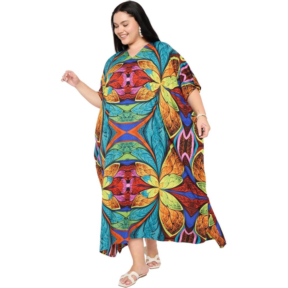 imageGypsie Blu Women Plus Size Kaftan Dress Evening Swimsuit Cover Up Beach Long Maxi Dresses VNeck Mumu for Summer CaftanMulti Floral