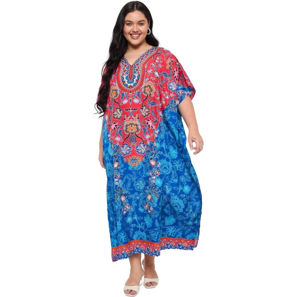 imageGypsie Blu Women Plus Size Kaftan Dress Evening Swimsuit Cover Up Beach Long Maxi Dresses VNeck Mumu for Summer CaftanRed  Blue