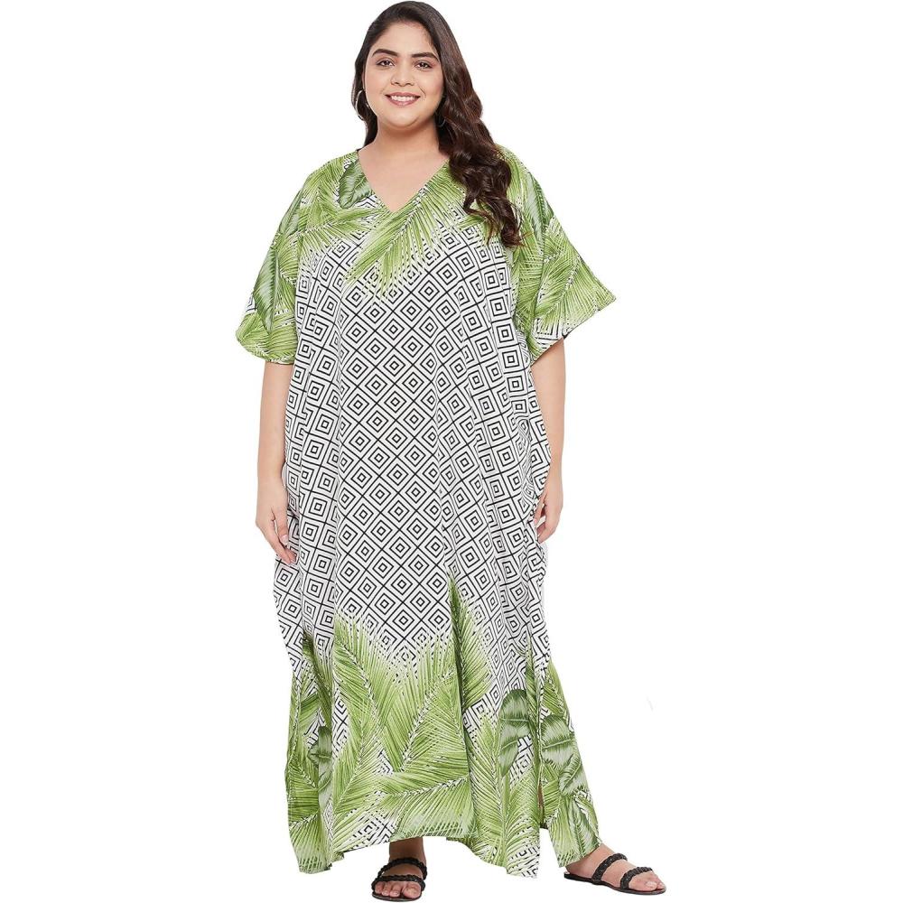 imageGypsie Blu Women Plus Size Kaftan Dress Evening Swimsuit Cover Up Beach Long Maxi Dresses VNeck Mumu for Summer CaftanWhite Palm Leaf