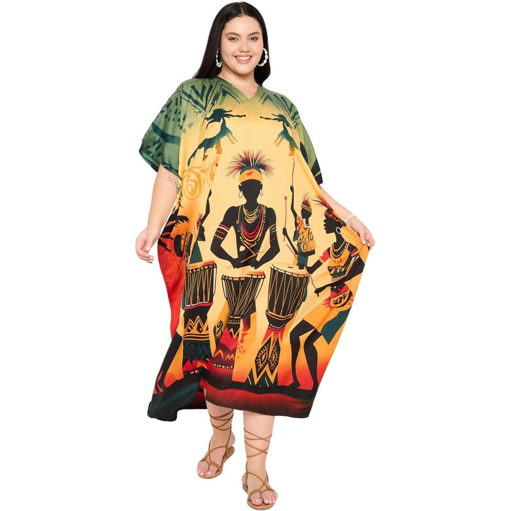 imageGypsie Blu Women Plus Size Kaftan Dress Evening Swimsuit Cover Up Beach Long Maxi Dresses VNeck Mumu for Summer CaftanYellow  Orange