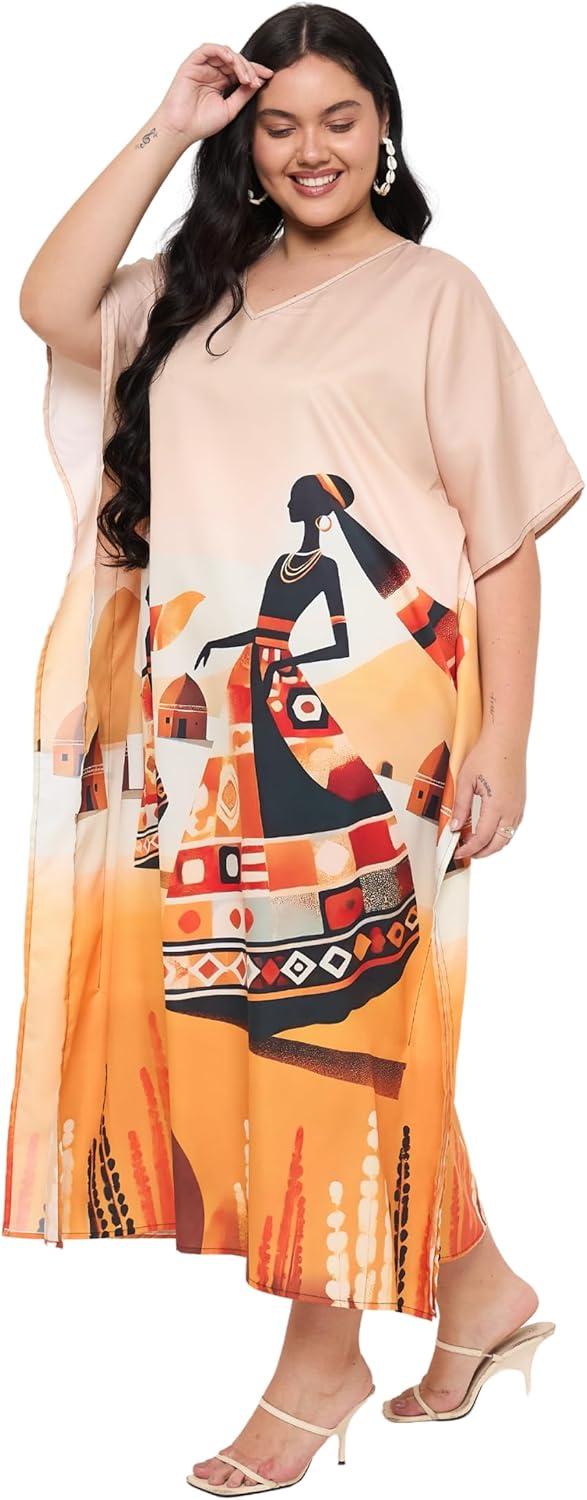 imageCaftans for Women Plus Size Polyester Maxi Beach Dresses Bathing Suit Cover Up Long Kaftan Swimsuit Coverup House DressBeige