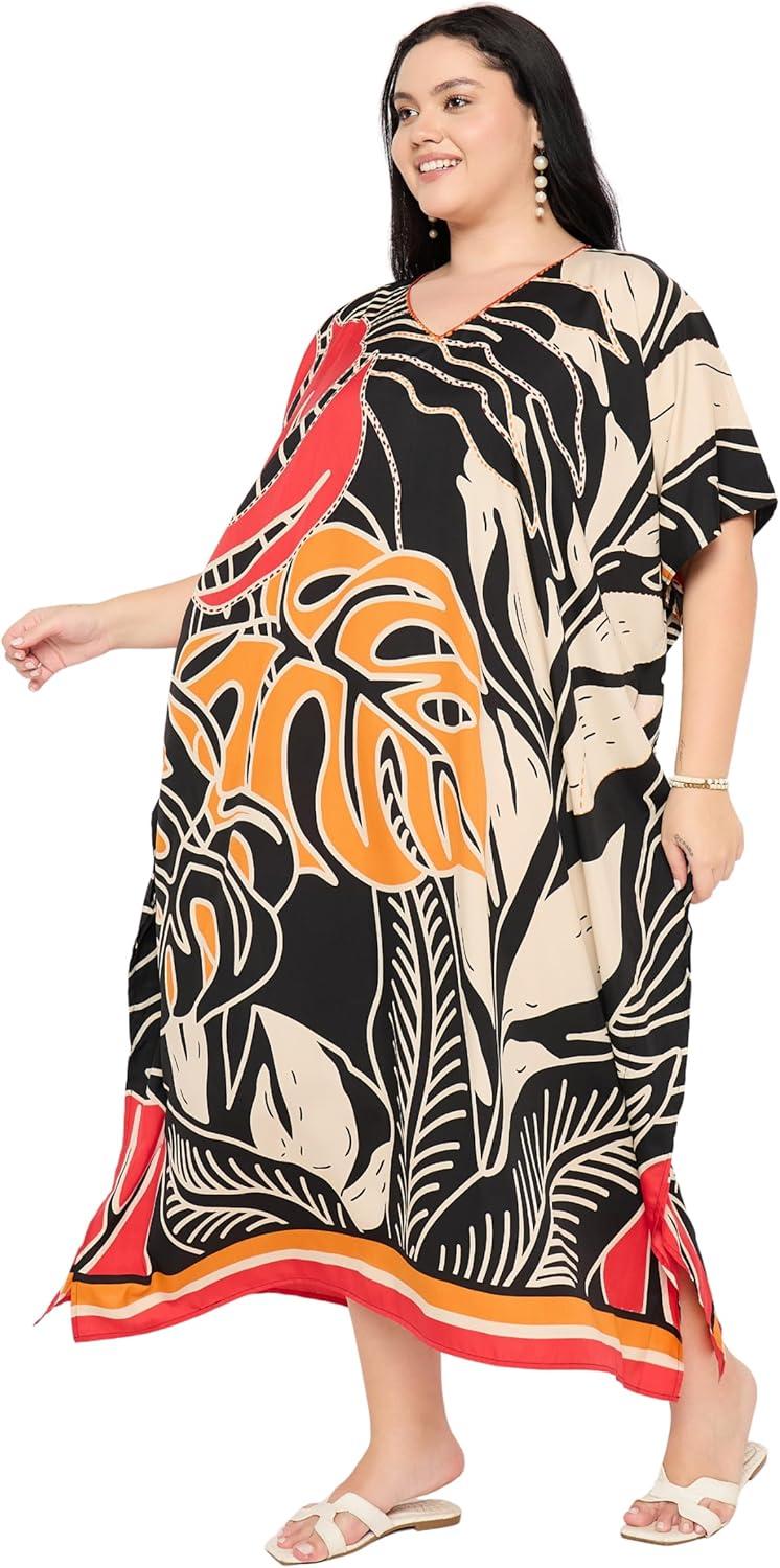 imageCaftans for Women Plus Size Polyester Maxi Beach Dresses Bathing Suit Cover Up Long Kaftan Swimsuit Coverup House DressBlack  Beige Leaf