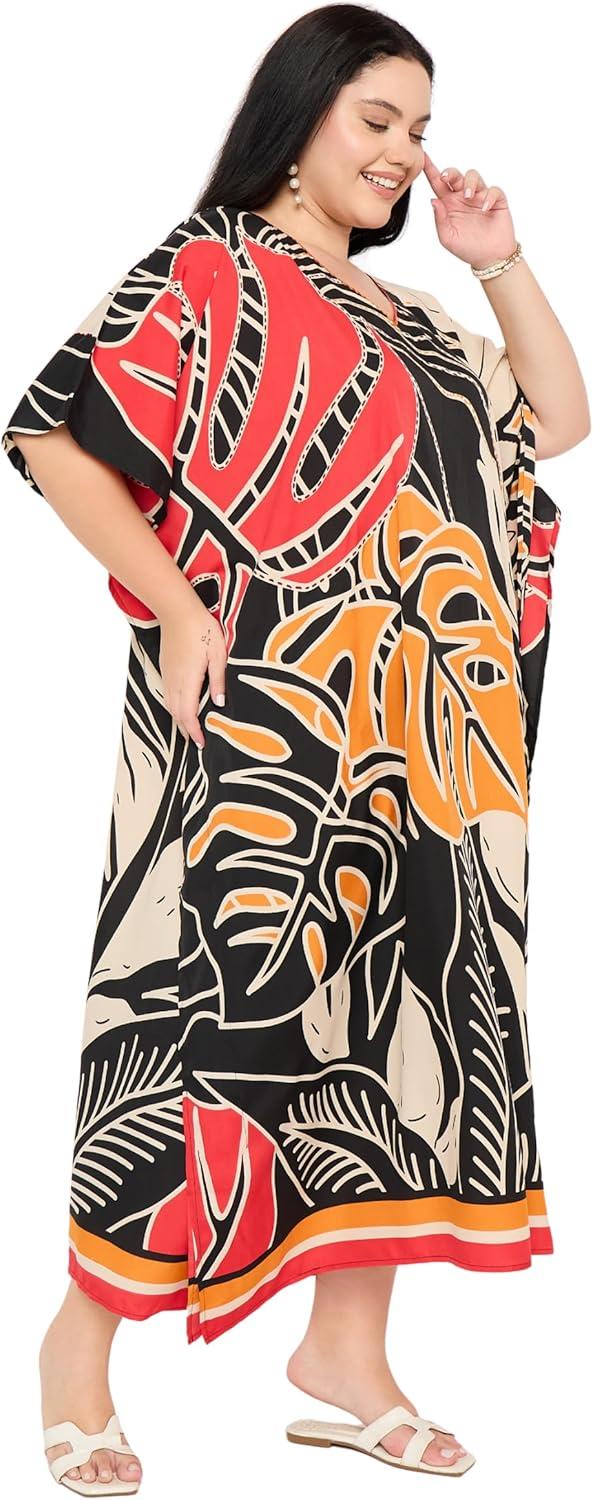 imageCaftans for Women Plus Size Polyester Maxi Beach Dresses Bathing Suit Cover Up Long Kaftan Swimsuit Coverup House DressBlack  Beige Leaf