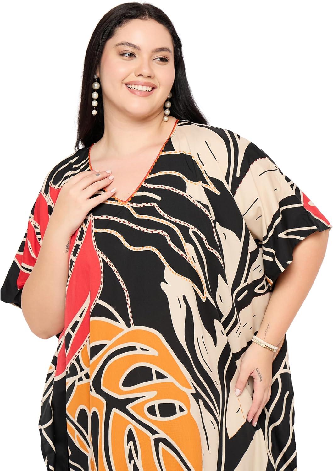imageCaftans for Women Plus Size Polyester Maxi Beach Dresses Bathing Suit Cover Up Long Kaftan Swimsuit Coverup House DressBlack  Beige Leaf