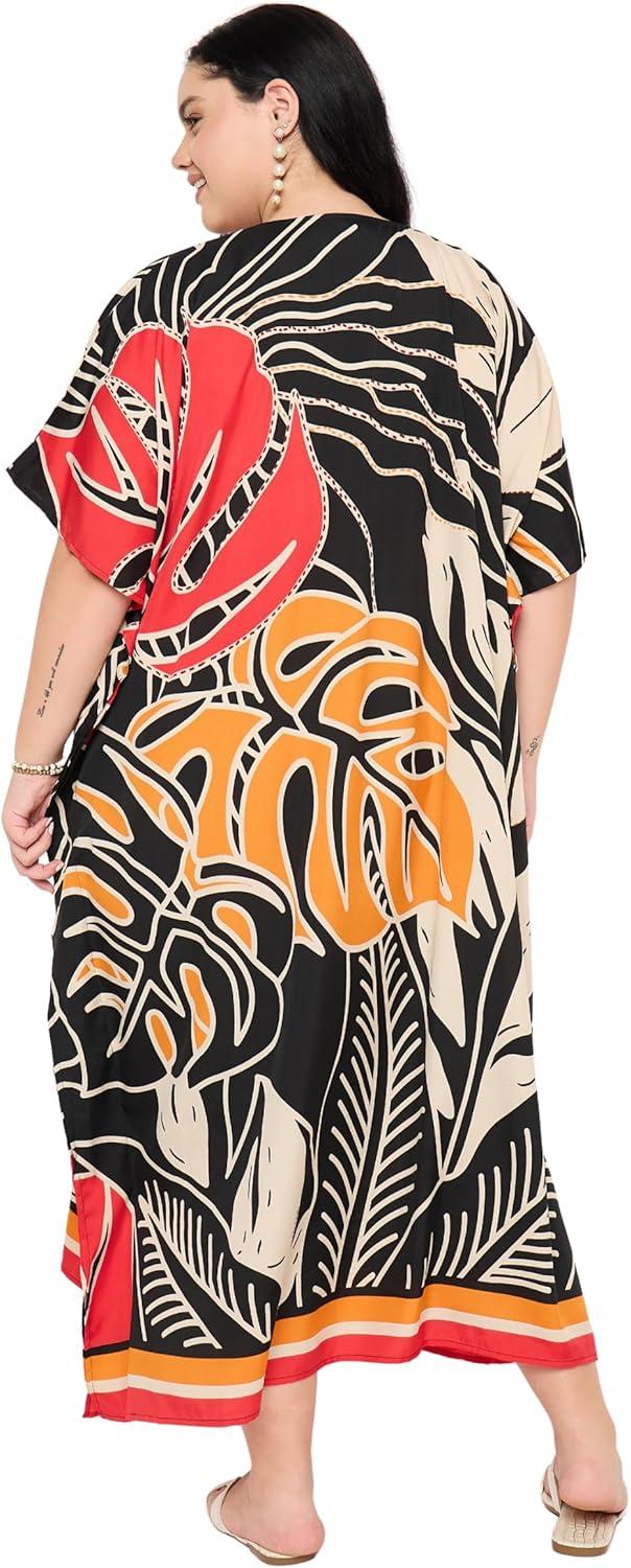 imageCaftans for Women Plus Size Polyester Maxi Beach Dresses Bathing Suit Cover Up Long Kaftan Swimsuit Coverup House DressBlack  Beige Leaf