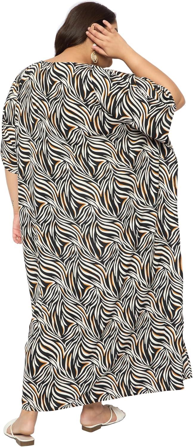 imageCaftans for Women Plus Size Polyester Maxi Beach Dresses Bathing Suit Cover Up Long Kaftan Swimsuit Coverup House DressBlack  White Abstract Zebra