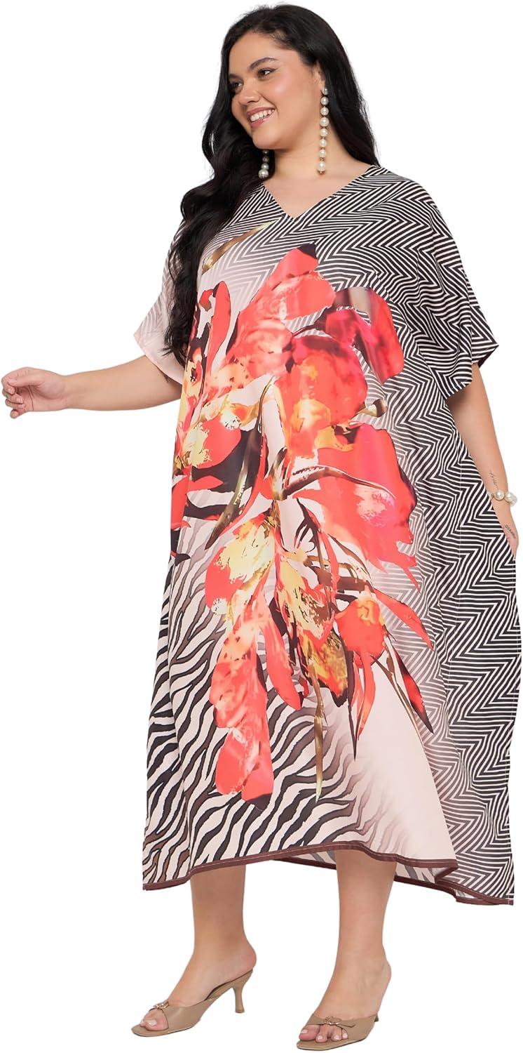 imageCaftans for Women Plus Size Polyester Maxi Beach Dresses Bathing Suit Cover Up Long Kaftan Swimsuit Coverup House DressBlack  White Animal