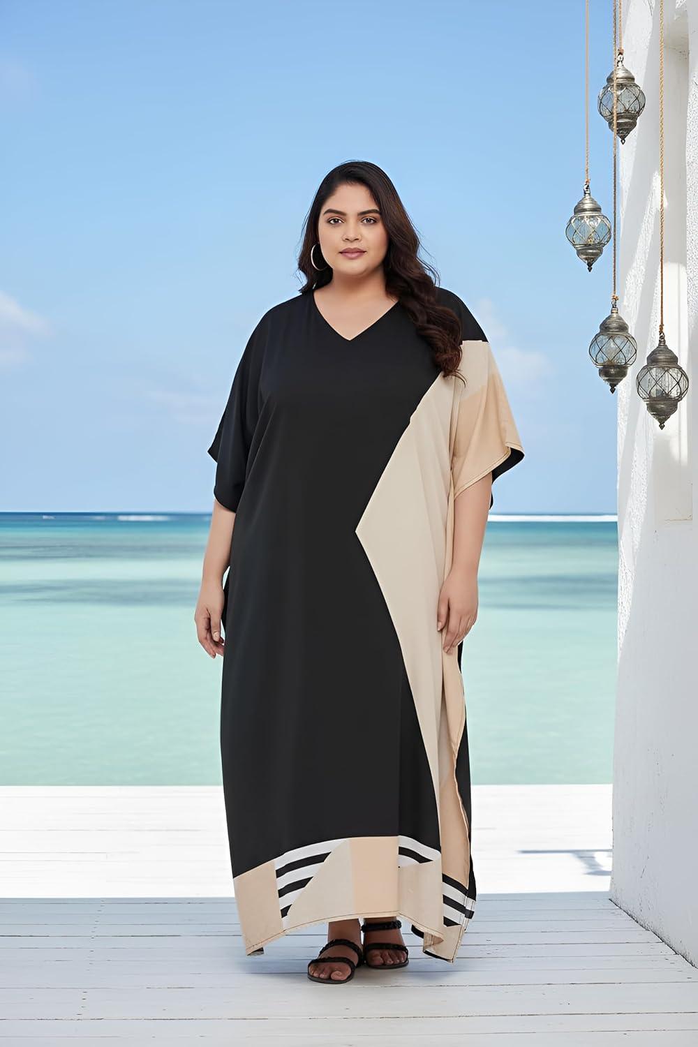 imageCaftans for Women Plus Size Polyester Maxi Beach Dresses Bathing Suit Cover Up Long Kaftan Swimsuit Coverup House DressBlack